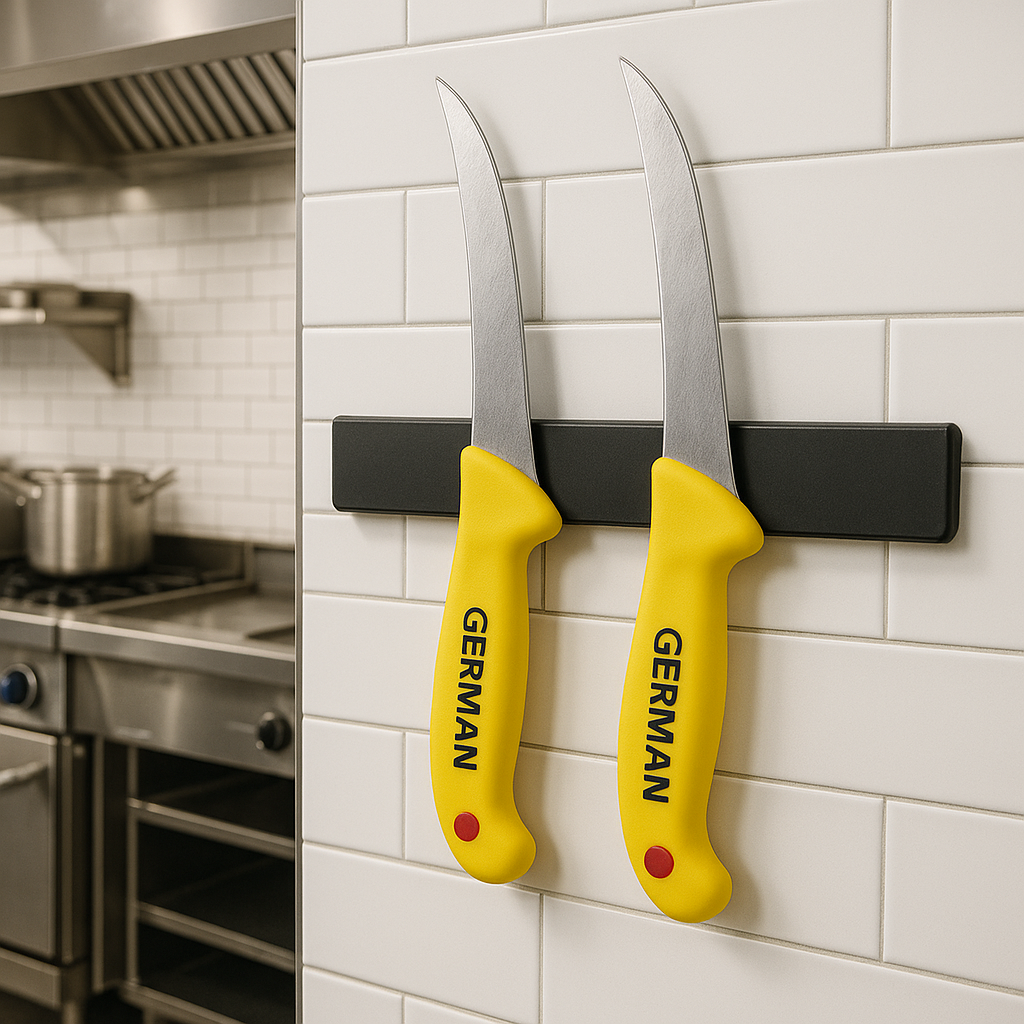 Set profesional de cuțite pentru tranșat carne – lame inox si masat, mânere ergonomice, 28 cm, galben – ideal pentru bucătării și măcelării