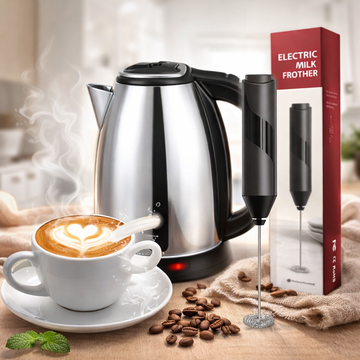 Cană Electrică Inox + Spumator Lapte Electric – Set pentru Cafea, Cappuccino și Latte Perfect