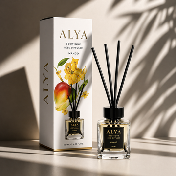 Difuzor Aromaterapie Premium ALYA Mango 120 ml – Parfum de Cameră cu Bețișoare, Design Elegant, Aromă Intensă și Persistentă