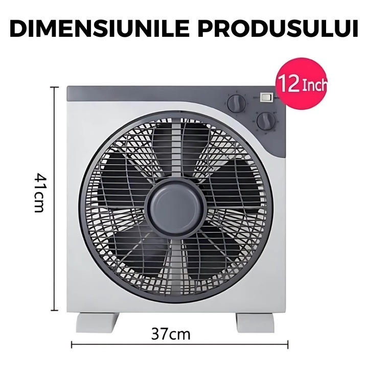 Ventilator Box Fan 12 Inch, 40W, 3 Viteze, Timer Integrat, Moduri Natural/Sleep, Funcționare Silențioasă, Ventilație Puternică pentru Casă și Birou