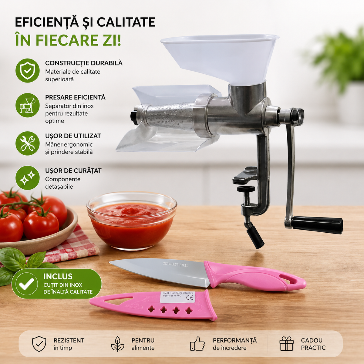 Masina  Rosii ,separator seminte , duraluminiu, surub reglare nivel stoarcere + Cutit pentru legume, cu teaca de plastic