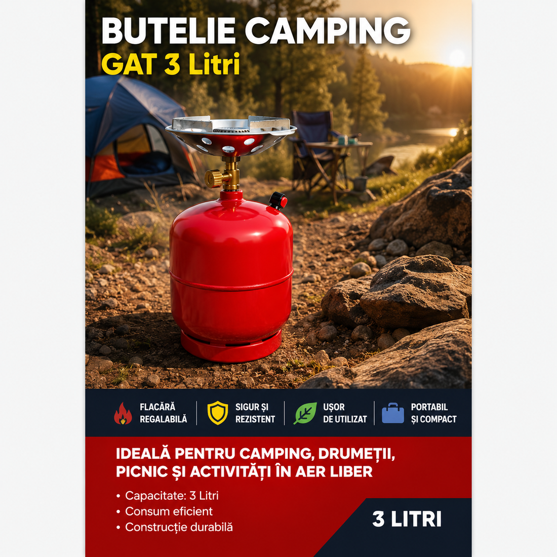 Butelie  GPL Camping  3 Litri cu Azator Portabil, Flacără Reglabilă, Reîncărcabilă, Pentru Camping, Drumeții, Picnic