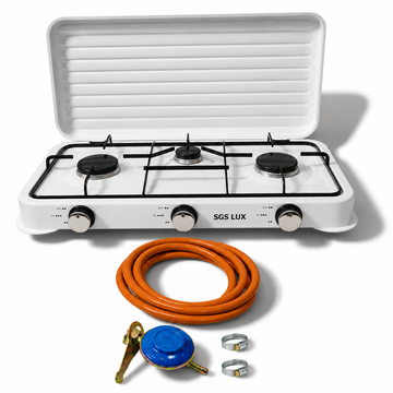 Pachet Aragaz Cu 3 Ochiuri, Utilizare GPL Butelie 0.9Kw, 1.6Kw, 2.3KwCeas Butelie, 2m Furtun, 2Coliere,2 Garnituri