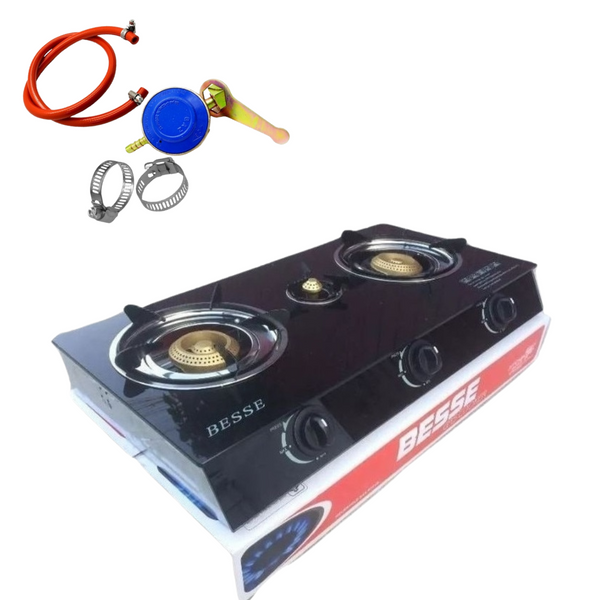 Pachet Aragaz plita sticla securizata cu 3 ochiuri, quartz, Gpl butelie, 70x40x10 + 2m de furtun pentru gaz, Ceas pentru butelie si  2 Coliere pentru furtunul de gaz
