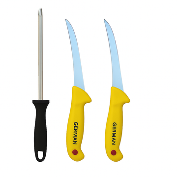 Set profesional de cuțite pentru tranșat carne – lame inox si masat, mânere ergonomice, 28 cm, galben – ideal pentru bucătării și măcelării