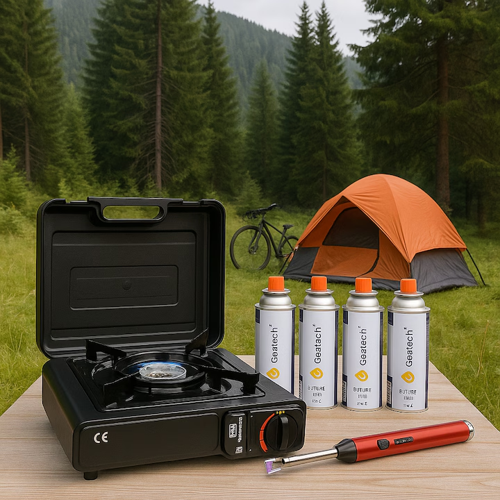 Aragaz portabil pe gaz cu valiză + 4 rezerve butan + aprinzător – ideal pentru camping & outdoor