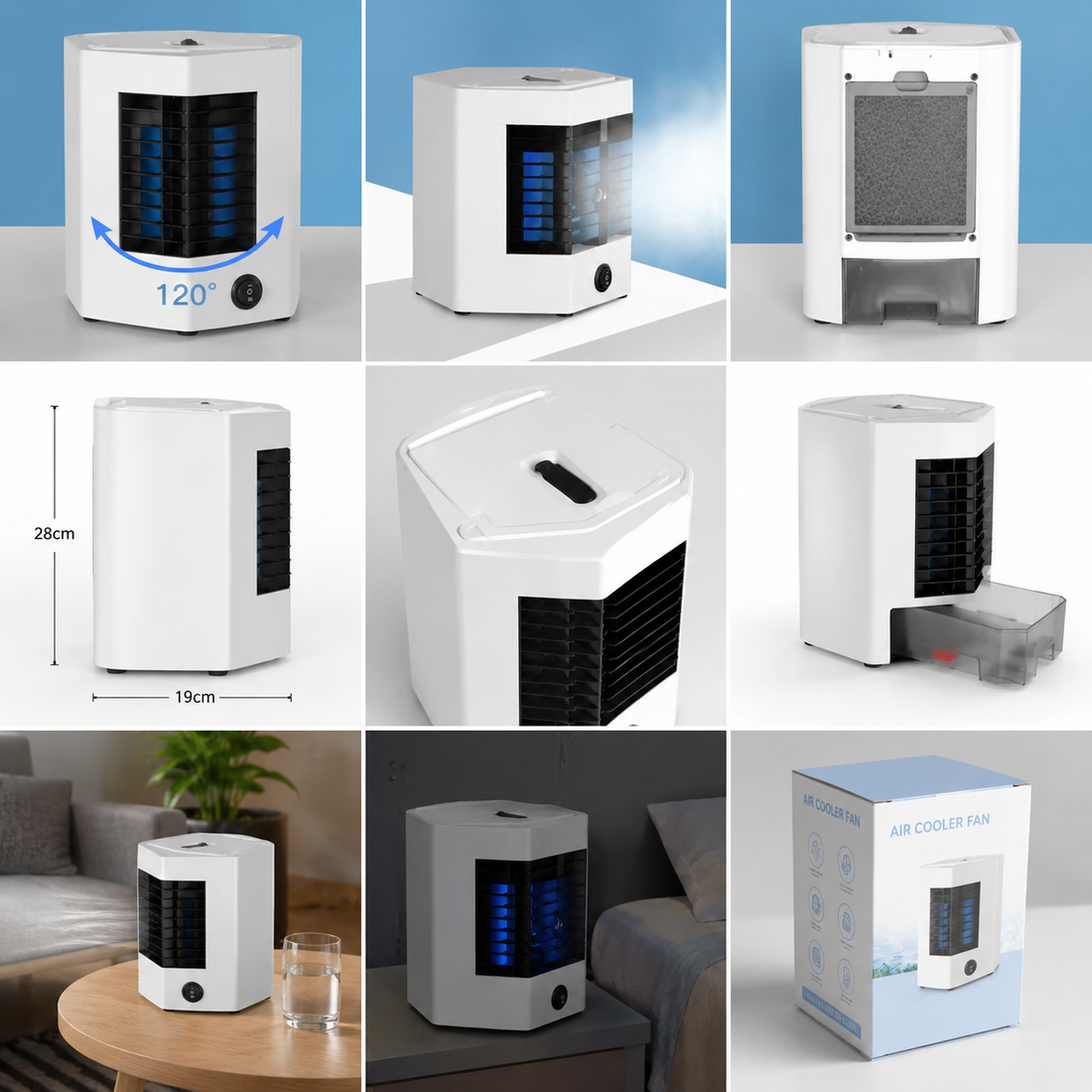 Răcitor de Aer Portabil cu Apă, Oscilație 120°, Umidificare și Ventilare Silențioasă pentru Birou și Dormitor USB