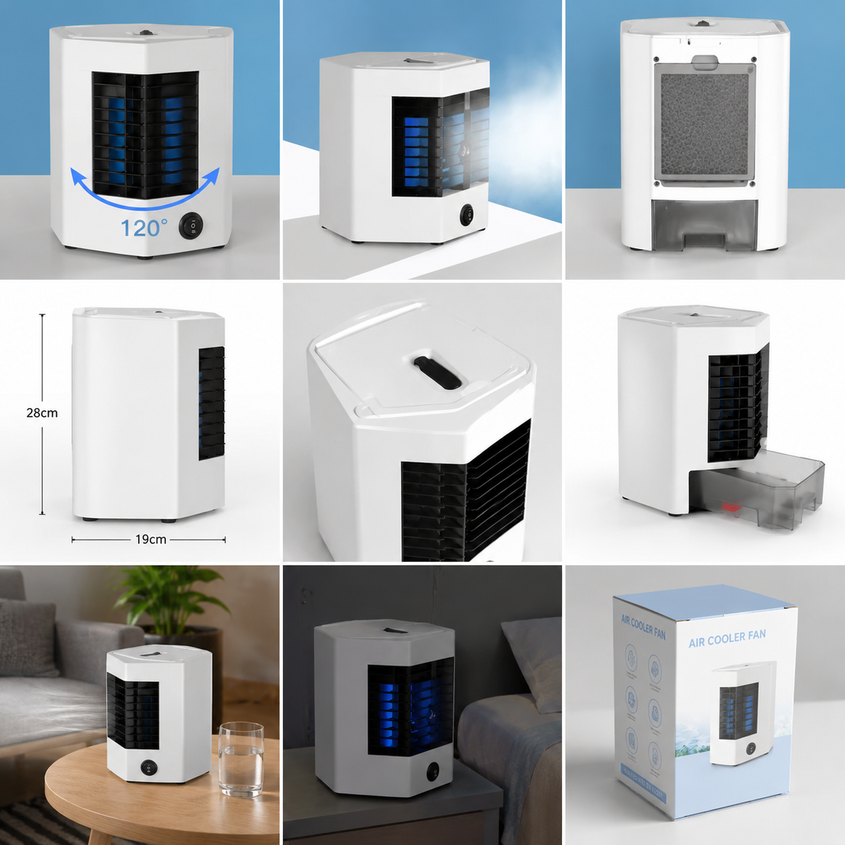 Răcitor de Aer Portabil cu Apă, Oscilație 120°, Umidificare și Ventilare Silențioasă pentru Birou și Dormitor USB