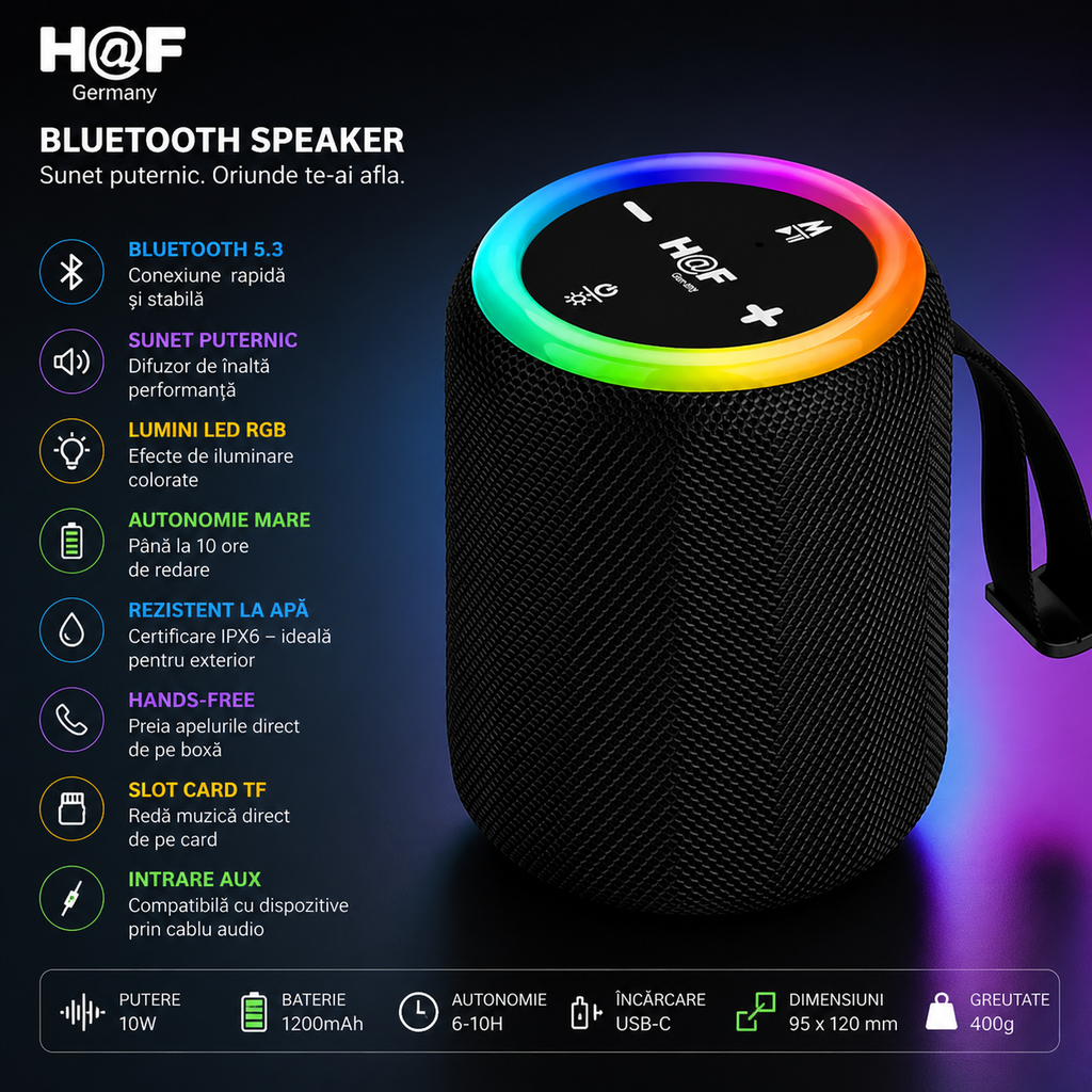 Boxă Portabilă Wireless HOF Sound Joy, Bluetooth, 10W, USB Type-C, LED RGB, Autonomie Mare, Compactă