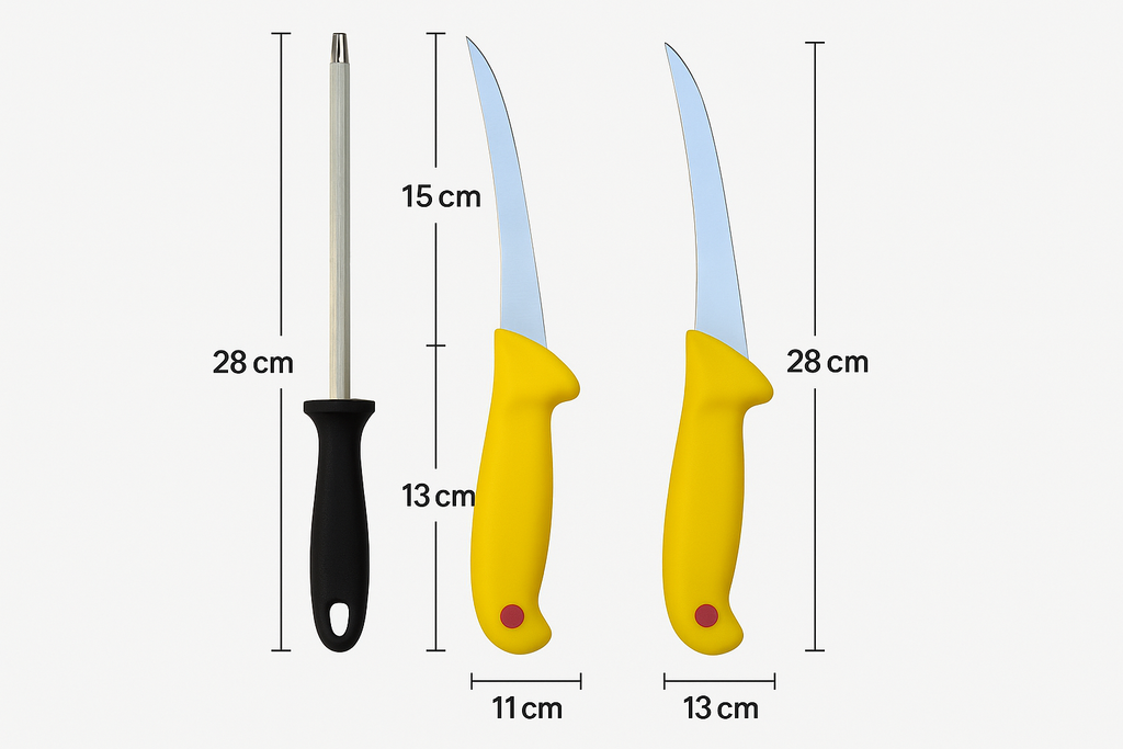 Set profesional de cuțite pentru tranșat carne – lame inox si masat, mânere ergonomice, 28 cm, galben – ideal pentru bucătării și măcelării