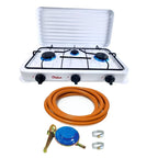 Aragaz portabil cu 3 ochiuri ALB, alimentare butelie + Ceas regulator butelie gaz GPL, furtun 2 metri, 2 coliere otel