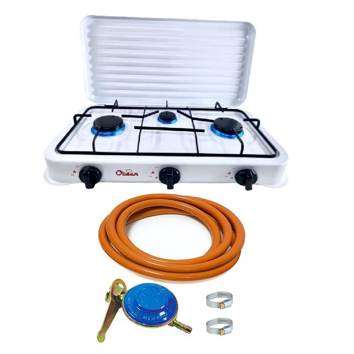 Aragaz portabil cu 3 ochiuri ALB, alimentare butelie + Ceas regulator butelie gaz GPL, furtun 2 metri, 2 coliere otel
