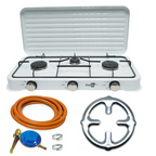 Aragaz portabil cu 3 ochiuri SGS 6003, emailat, capac metalic, alb + Kit 2 m furtun, ceas de butelie si 2 coliere, suport ochi aragaz, ideal pentru camping sau gatit in aer liber