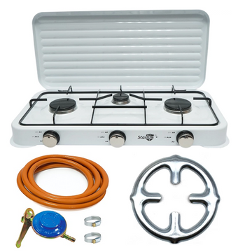 Aragaz portabil cu 3 ochiuri SGS 6003, emailat, capac metalic, alb + Kit 2 m furtun, ceas de butelie si 2 coliere, suport ochi aragaz, ideal pentru camping sau gatit in aer liber