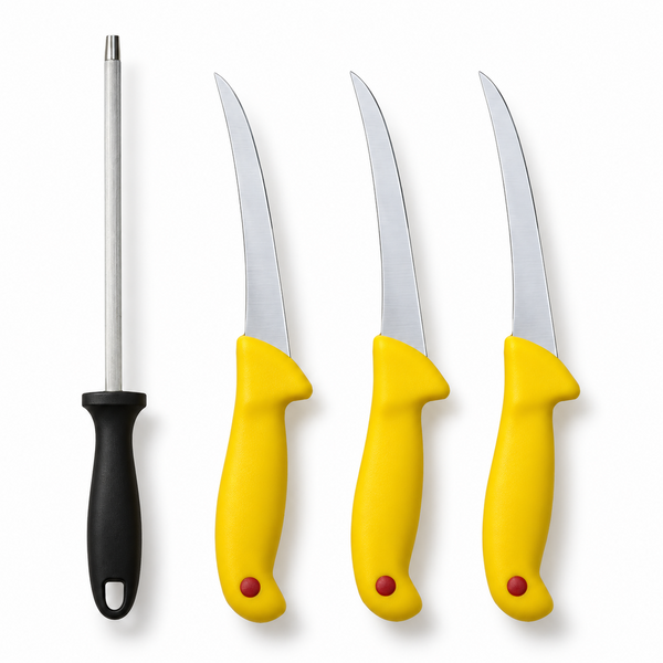Setul de 3 cuțite profesionale cu lamă curbată și masat pentru ascuțire este ideal pentru utilizarea în bucătării profesionale, măcelării, carmangerii, restaurante și gospodării.