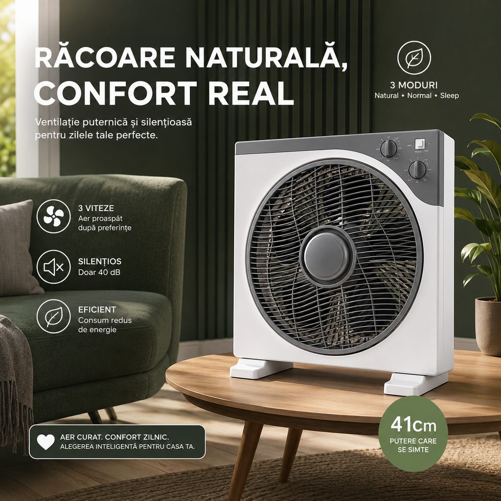 Ventilator Box Fan 12 Inch, 40W, 3 Viteze, Timer Integrat, Moduri Natural/Sleep, Funcționare Silențioasă, Ventilație Puternică pentru Casă și Birou