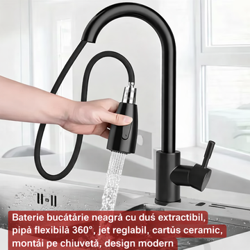 Baterie de bucatarie, Dus extensibil, Apa rece si apa calda, Rotire 360, Negru