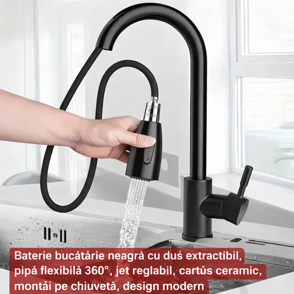 Baterie de bucatarie, Dus extensibil, Apa rece si apa calda, Rotire 360, Negru