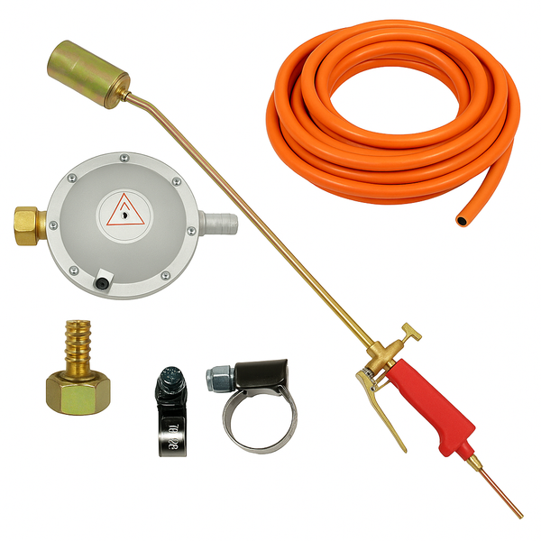 Pachet: Arzator gaz cu clapeta pentru porc, 70cm + 5m Furtun butelie cu insertie + stut butelie cu filet invers + 2 Coliere