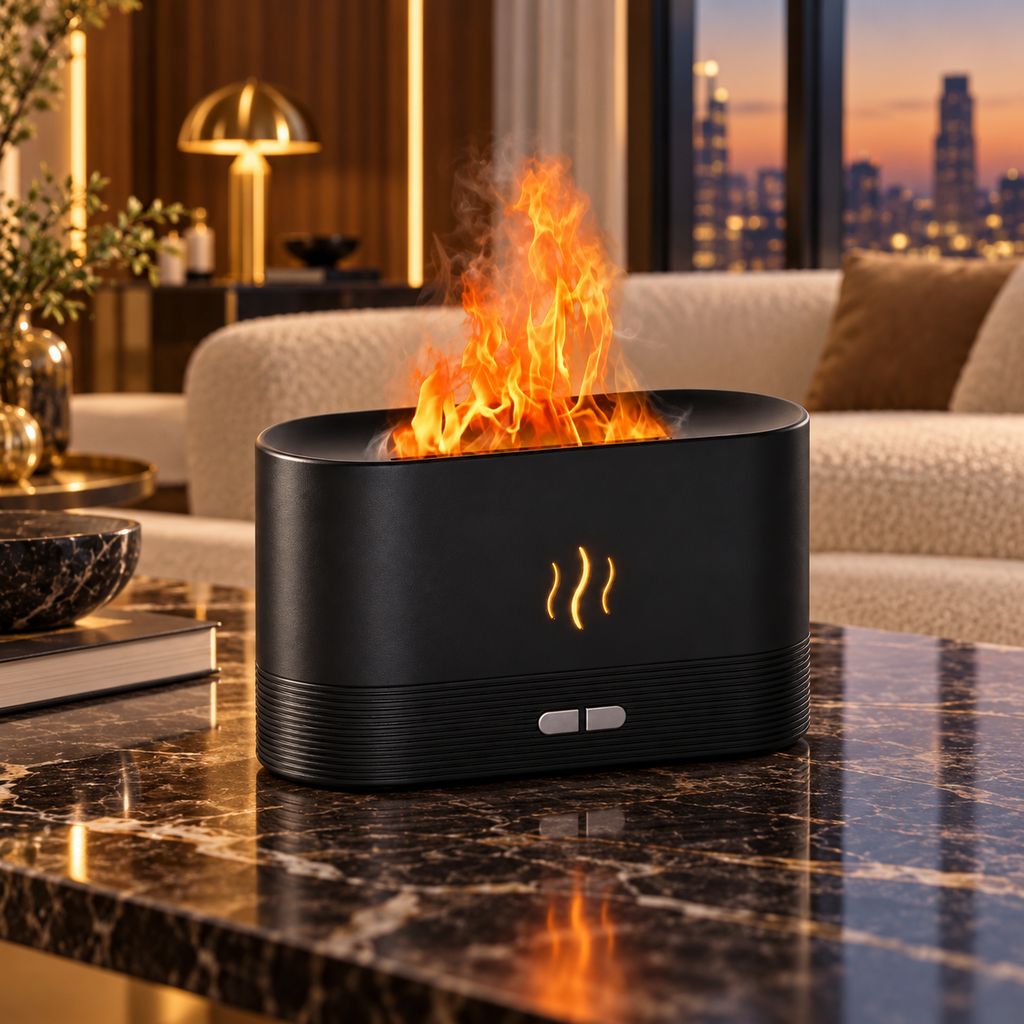 Difuzor de aromaterapie și umidificator cu efect de flacără, design modern, negru