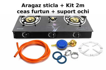 Aragaz plita sticla trei ochiuri, alimentare GPL Butelie+2 Metri Furtun butelie, Ceas pentru butelie si 2 Coliere ,suport ochi
