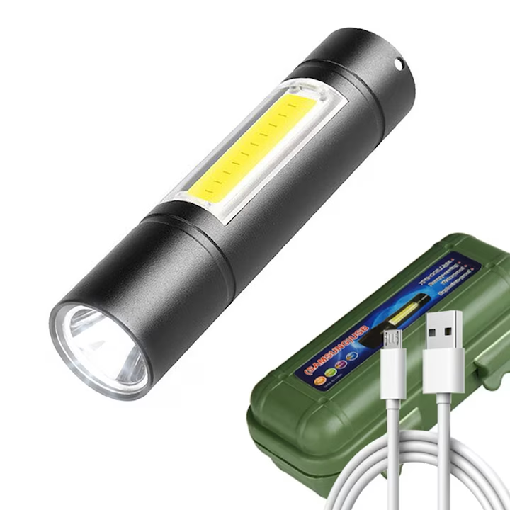 Mini lanterna puternica, 9 cm, metalica, acumulator intern, incarcare USB, cutie transport