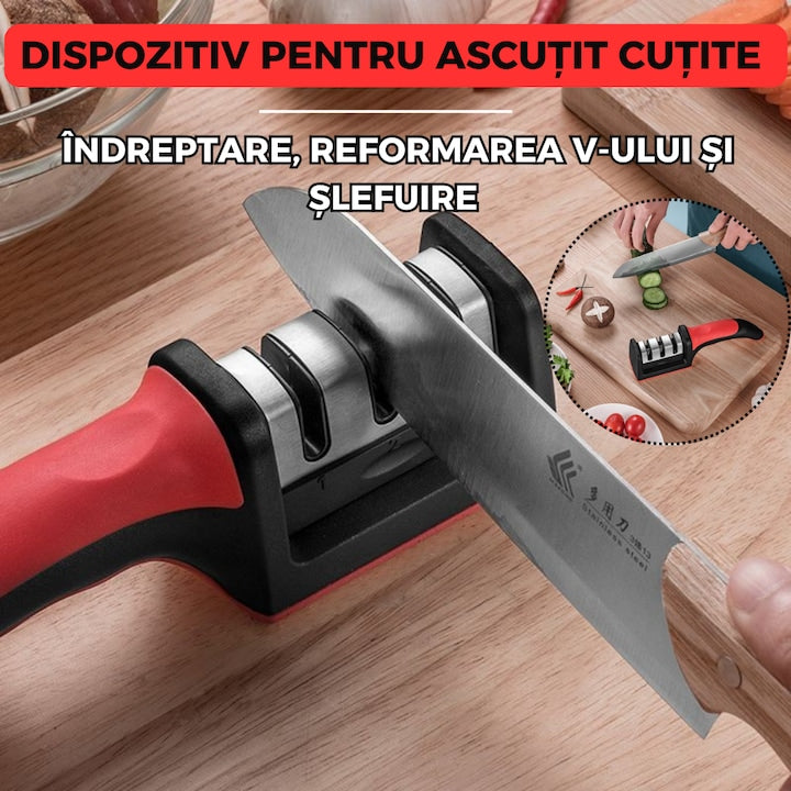 Set Profesional de 3 Cutite de Macelarie din Otel Inoxidabil cu Dispozitiv de Ascutire Inclus, maner ergonomic, filetat, dezosat
