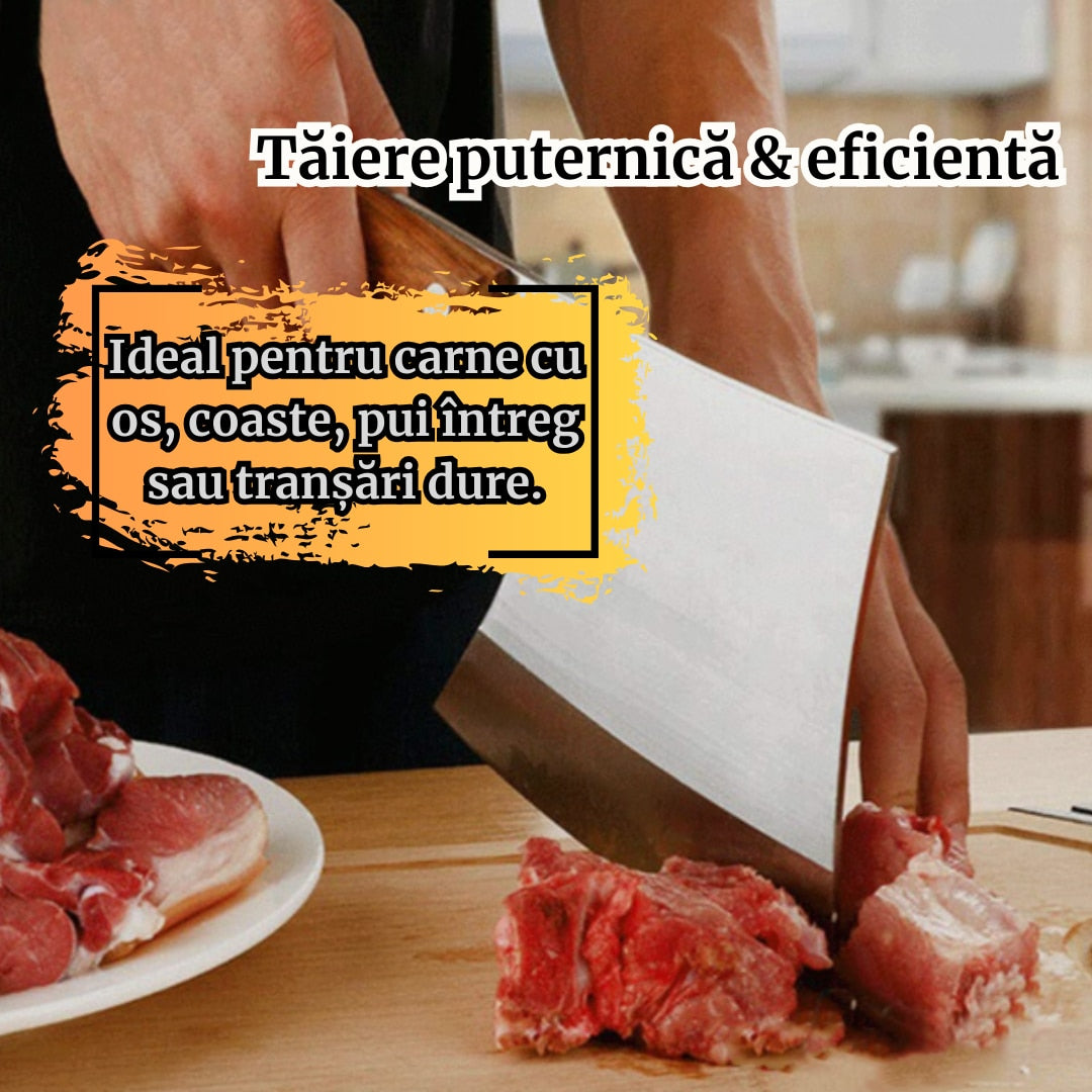 Satar Bucatarie Profesional din Otel Inoxidabil, Lama Lata 17 cm, Maner Lemn Ergonomic, Ideal pentru Carne, Oase si Legume Design Robust, Usor de Curatat