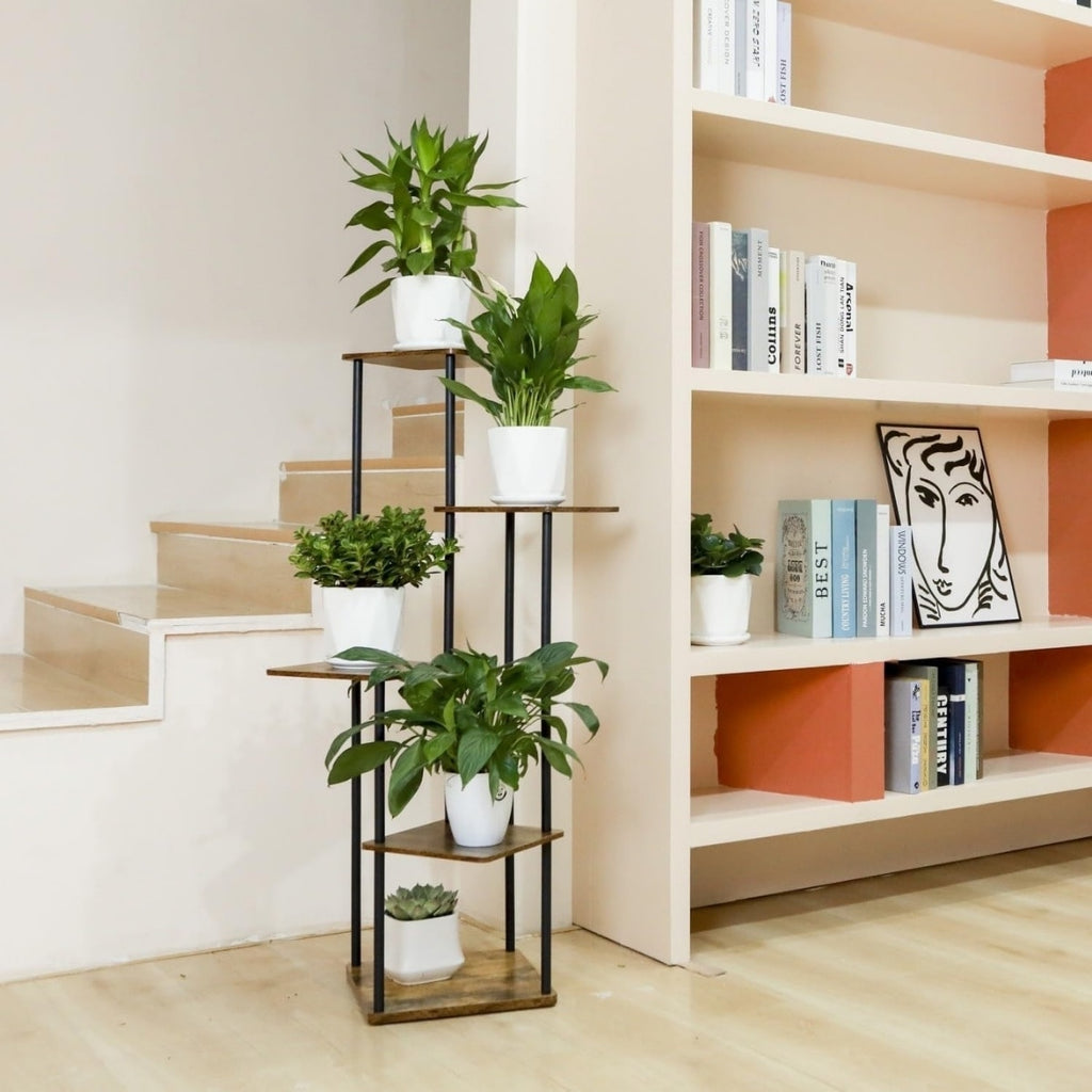Suport Metalic inalt pentru Plante cu 4 Niveluri, Raft Retro din Lemn pentru Plante Interne, potrivit in Living, Terasa, Gradina si Birou, Inaltime 106.30 cm