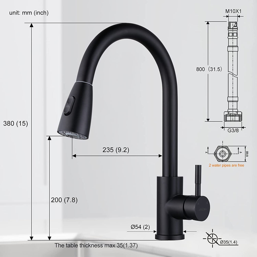 Baterie de bucatarie, Inox, Dus extensibil, Rotire 360, Negru