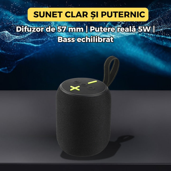 Boxa Portabila Bluetooth, 1200mAh, 5W, LED RGB, USB/FM/AUX, TWS, Hands-Free, 9 cm, negru