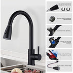 Baterie de bucatarie, Inox, Dus extensibil, Rotire 360, Negru
