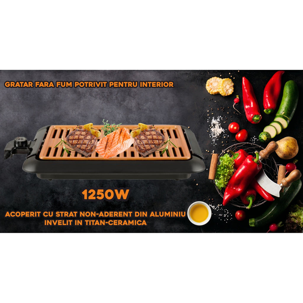 Gratar fara Fum HAUSBERG HB-537 SMOKELESS BARBEQUE, 1250W, Zona de gatit: 23cm x 36cm, Negru + Scandura De Taiat, Manopera Solida, Stabila, Maner Pentru Agatare, 38 x 28 cm