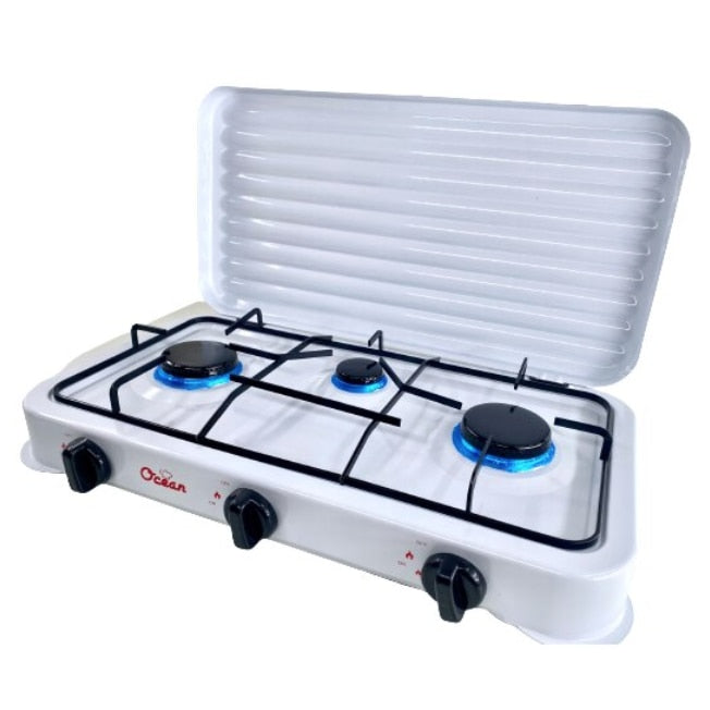  Aragaz portabil cu 3 ochiuri, model 2855 alimentare butelie ALB + Ceas regulator butelie gaz GPL, furtun 3 metri, 2 coliere otel