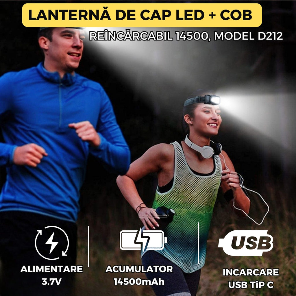 Lanterna de Cap LED + COB, Model D212, Reincarcabila USB, 7 Moduri, Acumulator 14500 Inclus, Luminozitate Ridicata