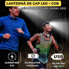 Lanterna de Cap LED + COB, Model D212, Reincarcabila USB, 7 Moduri, Acumulator 14500 Inclus, Luminozitate Ridicata