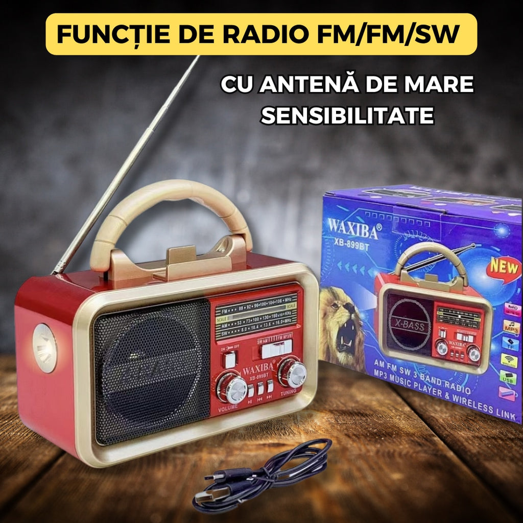 Radio portabil multifunctional XB-899 cu bluetooth, mp3, panou solar, lanterna integrata si suport telefon, 17.5 x 12 x 10 cm, rosu