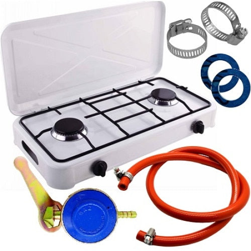 Aragaz Plita 2 Arzatoare, GPL Butelie,0.9kW-1.5kW, Ceas Butelie,2M Furtun,2Coliere,2Garnituri, Alb