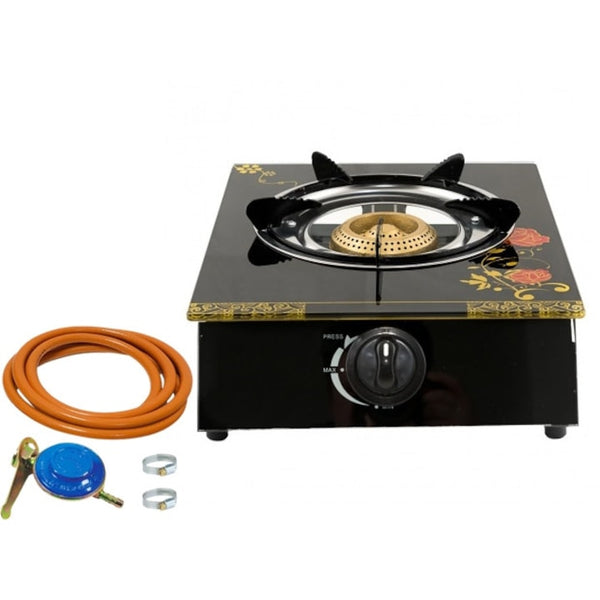 Aragaz din sticla securizata, 1 ochi, aprindere pe quartz + Kit reglabil GPL + Tub flex 2M