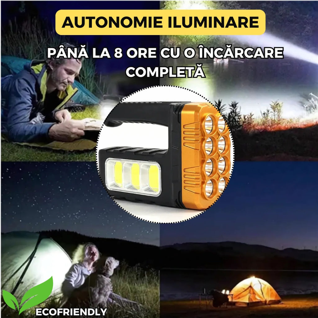 Lampa atelier 3 in 1 cu panou solar, lanterna LED frontala si laterala, functie powerbank, reincarcabila USB, 8 LED XPE + 27 COB, IP44