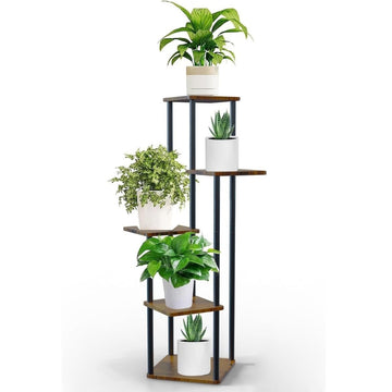 Suport Metalic inalt pentru Plante cu 4 Niveluri, Raft Retro din Lemn pentru Plante Interne, potrivit in Living, Terasa, Gradina si Birou, Inaltime 106.30 cm