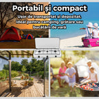 Aragaz portabil cu 3 ochiuri SGS 6003, capac metalic, kit complet conectare butelie si suport pentru ochi, ideal pentru camping sau gatit in aer liber