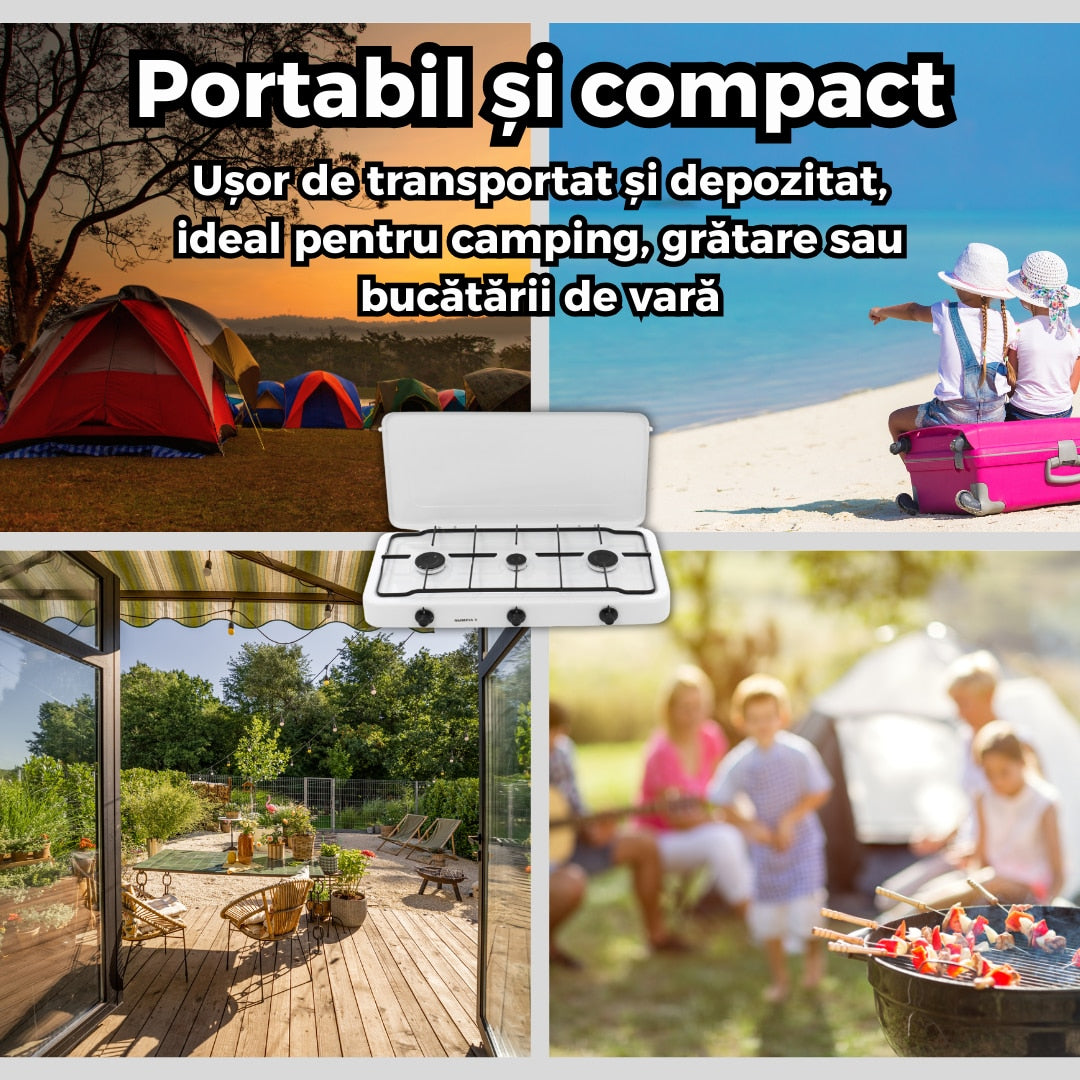 Aragaz portabil cu 3 ochiuri SGS 6003, capac metalic, kit complet conectare butelie si suport pentru ochi, ideal pentru camping sau gatit in aer liber