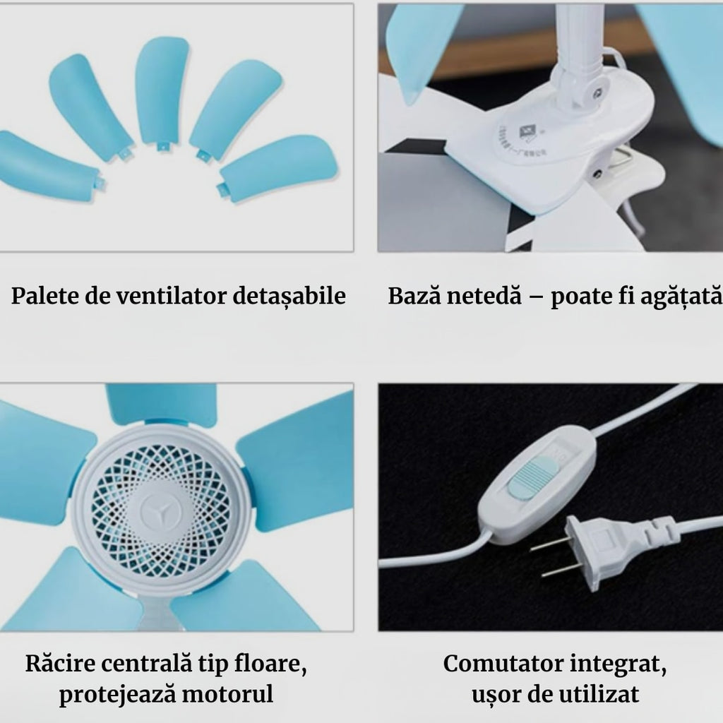 Ventilator Electric de Masa cu 5 Pale Flexibile, Design Silentios, Ultra Usor si Portabil, Pentru Birou, Dormitor, Albastru