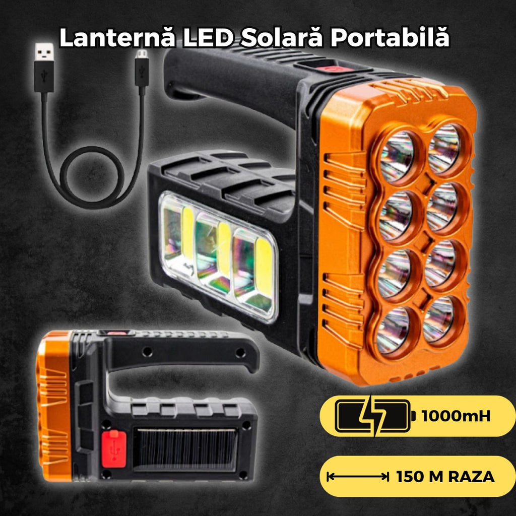 Lampa atelier 3 in 1 cu panou solar, lanterna LED frontala si laterala, functie powerbank, reincarcabila USB, 8 LED XPE + 27 COB, IP44