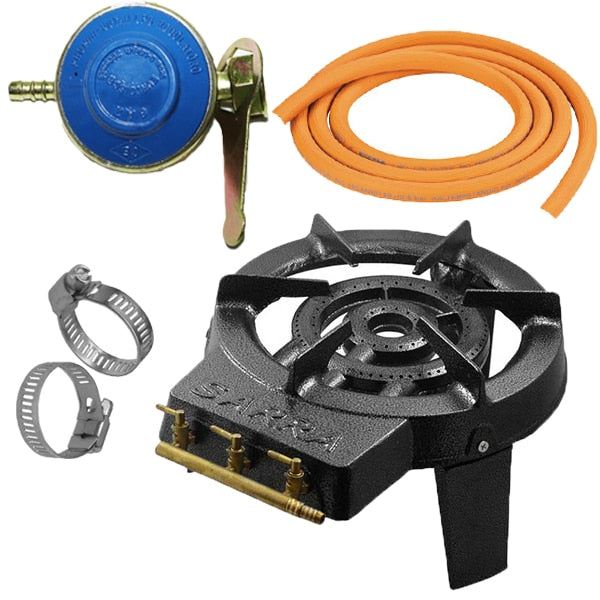 Pachet - Arzator gaz rotund 3 focuri - Pirostrie fonta + 2M Furtun pentru gaz + 2 x Coliere pentru furtun + Ceas pentru butelie