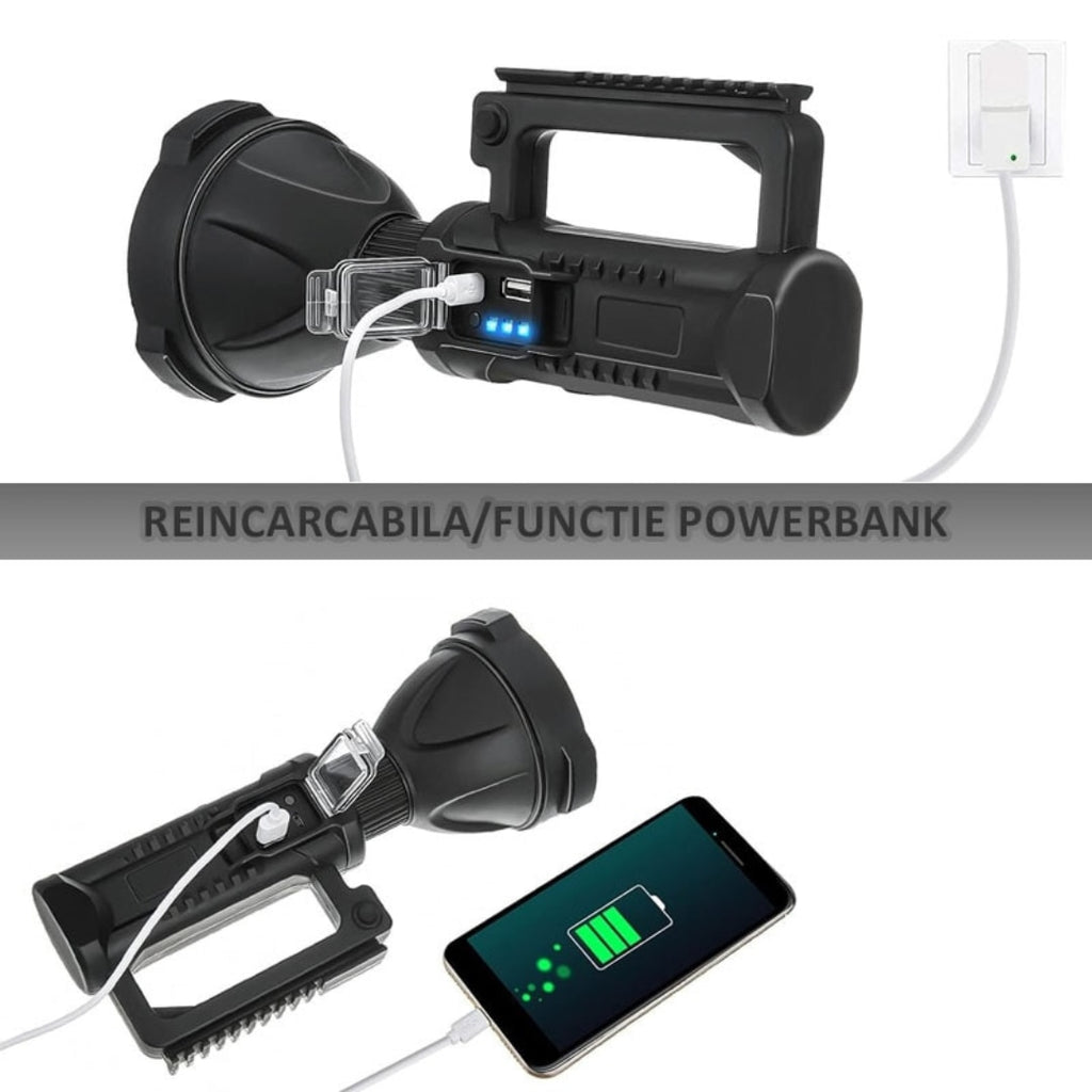 Lanterna LED Reincarcabila cu Maner si Functie Powerbank 4 Moduri de Iluminare, Rezistenta la Apa