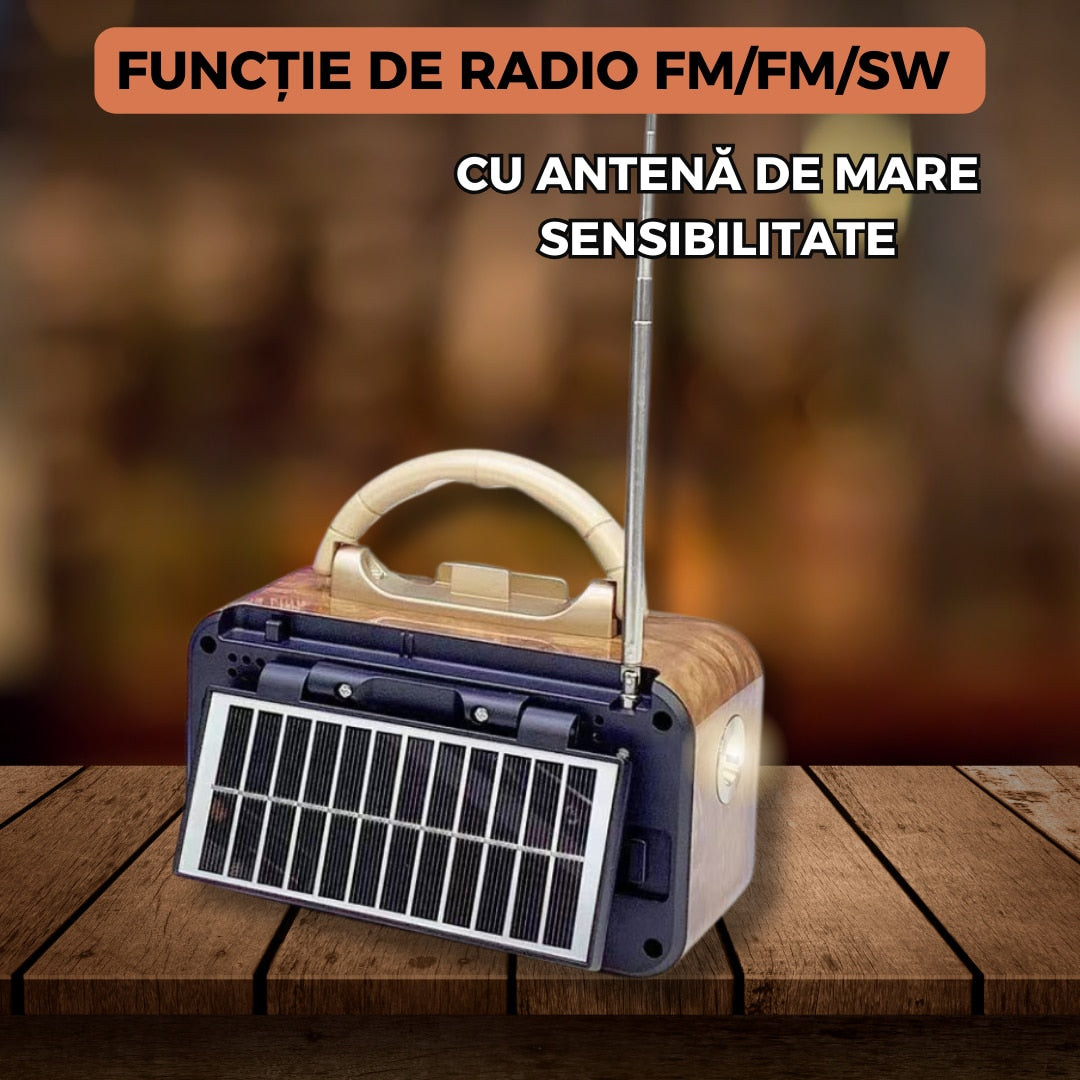 Radio portabil Retro multifunctional XB-899 cu bluetooth, mp3, panou solar, lanterna integrata si suport telefon, 17.5 x 12 x 10 cm, Crem