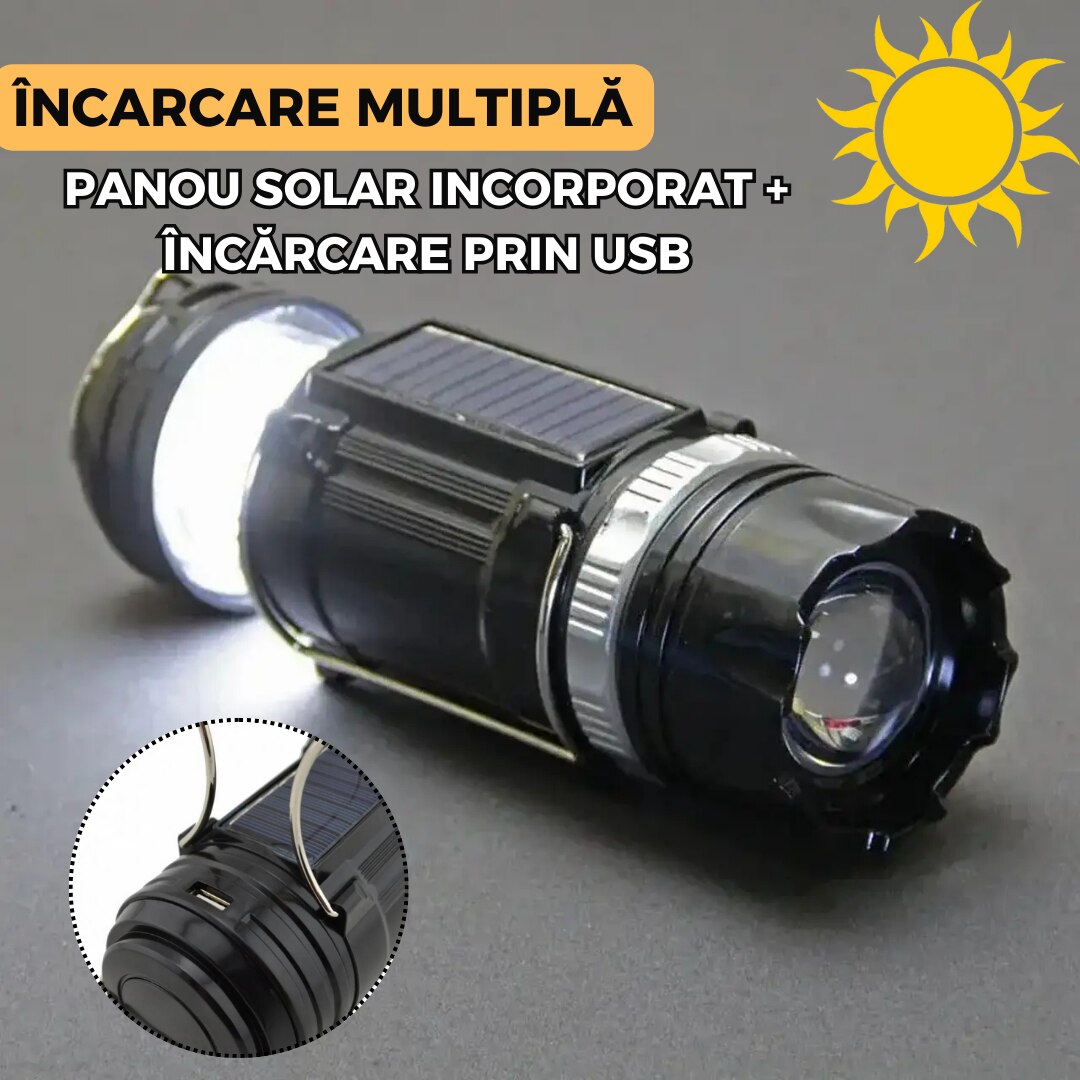 Lanterna de camping Stage Lamp 9688 cu panou solar, reincarcabila, 3 moduri de iluminare, 1600 mAh, lumina alba si calda, port USB