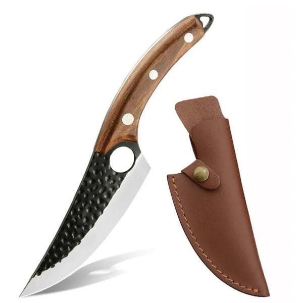Cutit japonez outdoor cu maner din lemn si teaca din piele ecologica lama curbata din otel carbon, ideal pentru camping, vanatoare, bucatarie rustica
